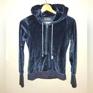 Vintage 1990s Ink Blue Velvet Velour Pullover Hoodie By Rosebullet